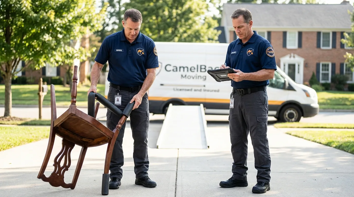 Movers inspecting furniture for damage prevention before loading in Cusseta, GA