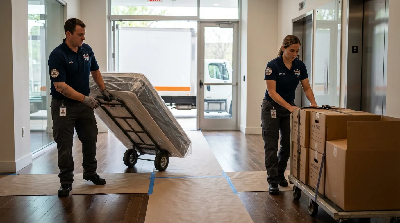 Professional apartment movers loading elevator in Cusseta, GA